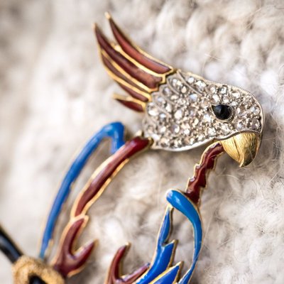 Brosche Papagei Emaille Diamanten