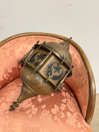 Antique Moroccan 1920s copper and stained glass lantern, 55x30cm