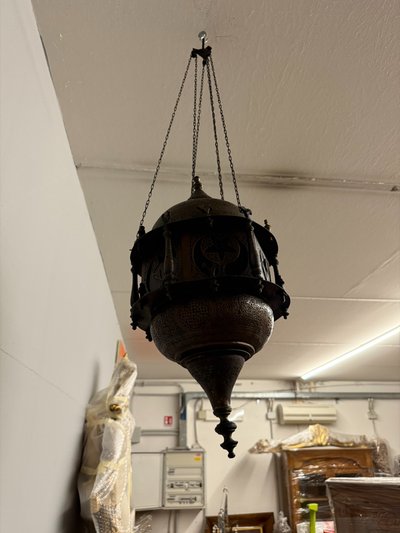 Antique Moroccan 1920s copper and stained glass lantern, 55x30cm