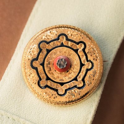 Broche Ancienne Corail Email Et Diamant