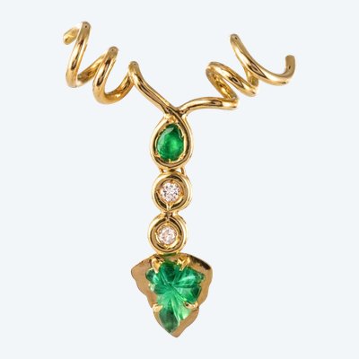 Gold And Emeralds And Diamonds Vine Leaf Pendant