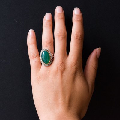 Old Green Agate And Rose Cut Diamond Ring
