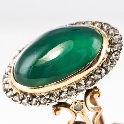 Old Green Agate And Rose Cut Diamond Ring