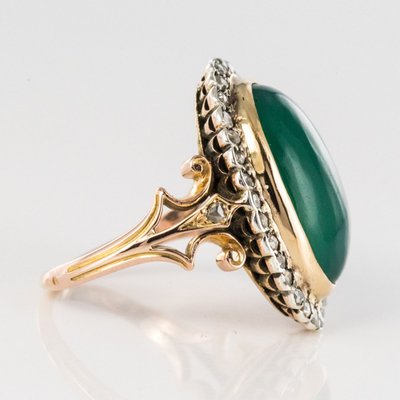 Old Green Agate And Rose Cut Diamond Ring