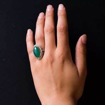 Old Green Agate And Rose Cut Diamond Ring