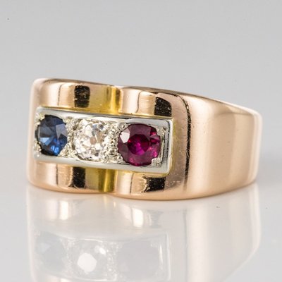 Bague Tank Patriotique Saphir Diamant Rubis