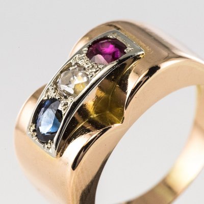 Bague Tank Patriotique Saphir Diamant Rubis