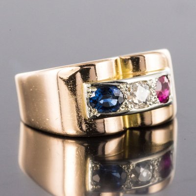 Bague Tank Patriotique Saphir Diamant Rubis