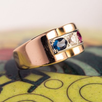 Bague Tank Patriotique Saphir Diamant Rubis