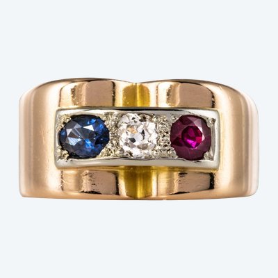 Bague Tank Patriotique Saphir Diamant Rubis