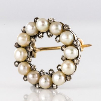 Antike Brosche Runde Feine Perlen Und Diamanten