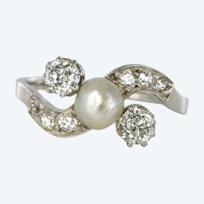 Old Fine Pearl Button And Diamond Ring
