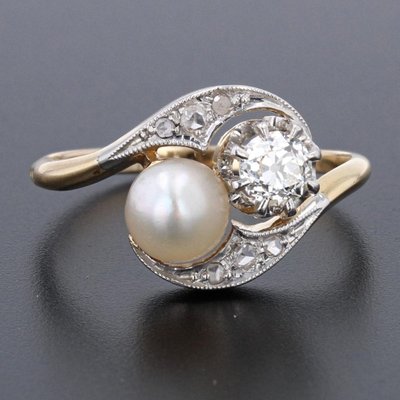 Bague Ancienne Toi Et Moi Diamants Perle Fine
