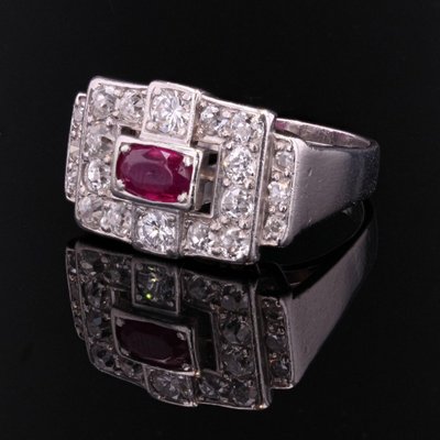 Bague Art Déco Platine Rubis Diamants
