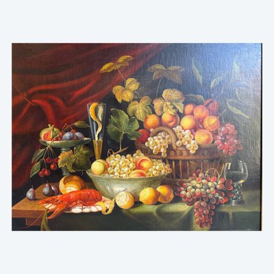 Grande olio su tela, natura morta con aragosta e frutta nello stile del XVIII secolo