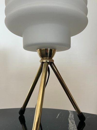 Table Lamp Tripod Base Brass Opaline Glass Diffuser Italy 1970