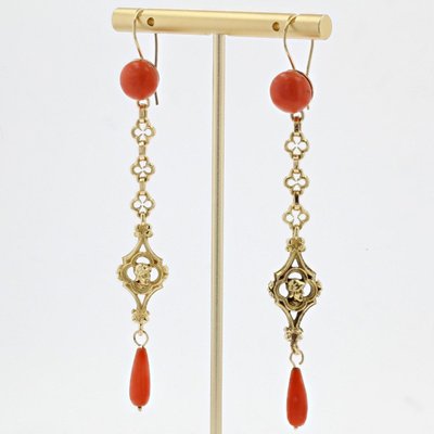Pendants d'Oreilles Anciens Corail Et Or