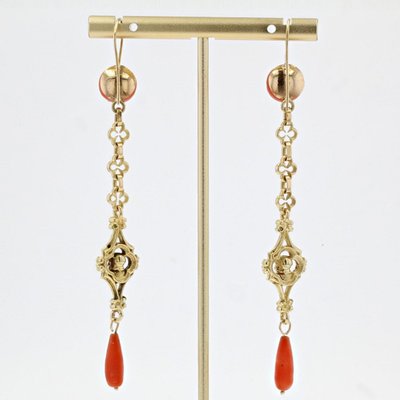 Pendants d'Oreilles Anciens Corail Et Or