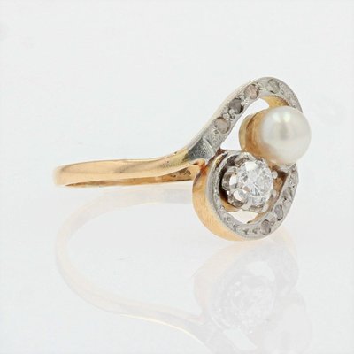 Anello antico con tourbillon e perla fine e diamanti
