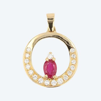 Yellow Gold Ruby Diamond Pendant And Its Chain