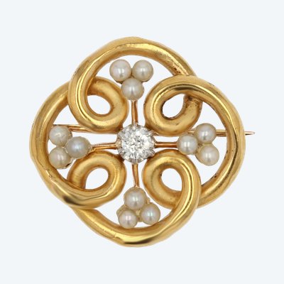 Spilla in oro con perle fini e diamanti
