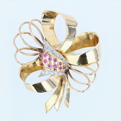 Broche Ancienne Nœud Vintage Diamants Rubis