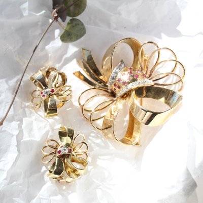 Broche Ancienne Nœud Vintage Diamants Rubis