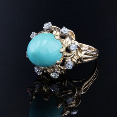 Bague Vintage Turquoise Pain De Sucre Et Diamants