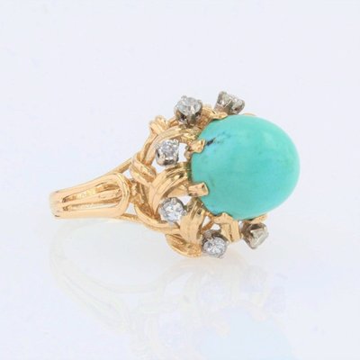 Bague Vintage Turquoise Pain De Sucre Et Diamants
