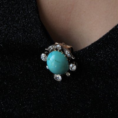 Broche Ancienne Clip Turquoise Et Diamants