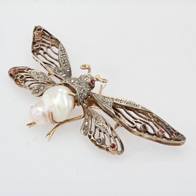 Broche Papillon Articulé Perle Baroque Diamants Saphirs Rubis