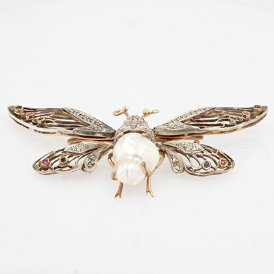 Broche Papillon Articulé Perle Baroque Diamants Saphirs Rubis