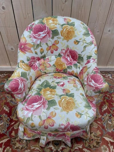 Fauteuil crapaud Napoléon III tissu fleuri 