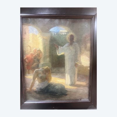 painting by Gabriel GIRODON 1884-1941 oil on canvas The adulterous woman forgiven by Jesus