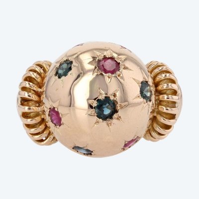 Anello retrò con zaffiri, rubini e oro