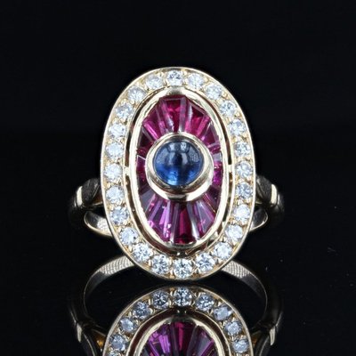 Bague Rubis Saphirs Diamants Style Art Déco