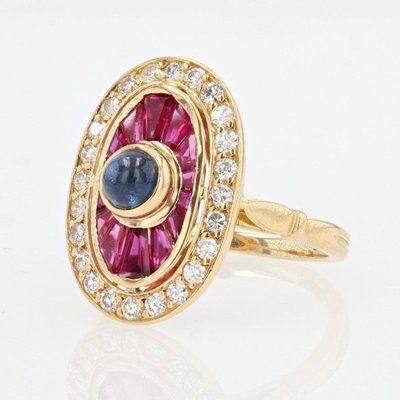 Bague Rubis Saphirs Diamants Style Art Déco