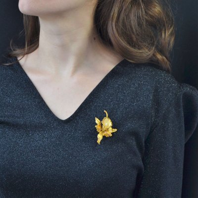 Broche Ancienne Lys En Or Mat Et Perle