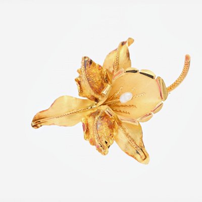 Broche Ancienne Lys En Or Mat Et Perle