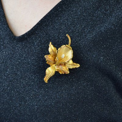 Broche Ancienne Lys En Or Mat Et Perle