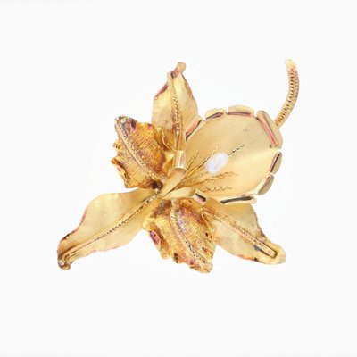 Broche Ancienne Lys En Or Mat Et Perle