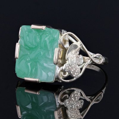 Engraved Jade Art Deco Ring