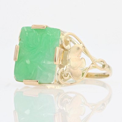 Engraved Jade Art Deco Ring
