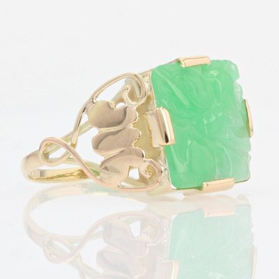 Engraved Jade Art Deco Ring