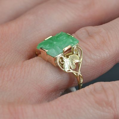 Engraved Jade Art Deco Ring