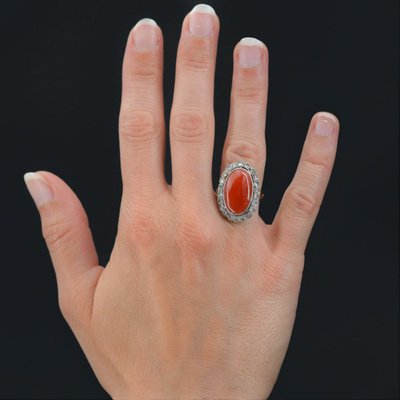 Bague Ancienne Corail Méditérranéen Et Diamants