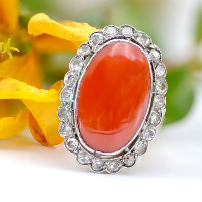 Bague Ancienne Corail Méditérranéen Et Diamants
