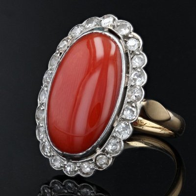 Bague Ancienne Corail Méditérranéen Et Diamants