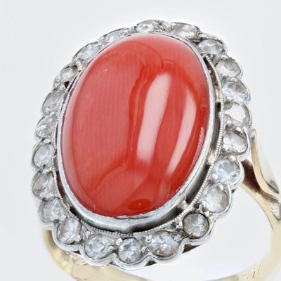 Bague Ancienne Corail Méditérranéen Et Diamants