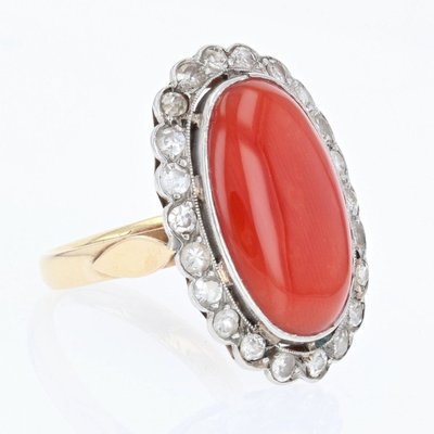 Bague Ancienne Corail Méditérranéen Et Diamants